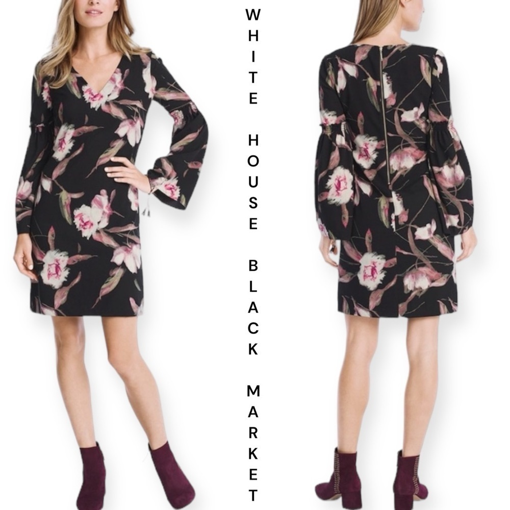 White House Black Market black pink floral bell sleeve shift dress size 8 - Picture 3 of 9